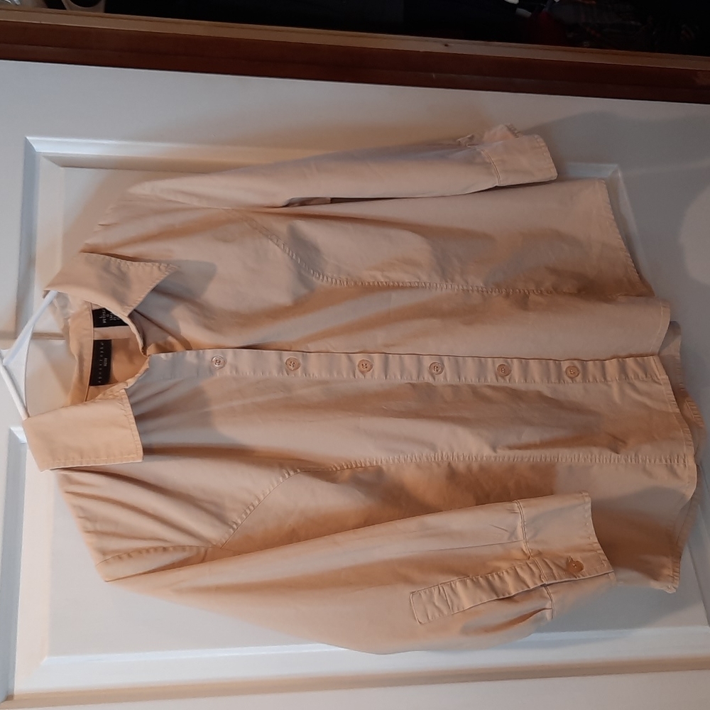Apostrophe 3/4 Sleeve Tan Colored Button Down Shirt size Petite Large - Picture 2 of 7
